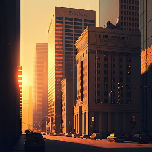 City Downtown Sunrise Sunny Skylines in Morning Sunset Buildings Color Skyscrapers Generative AI Illustration