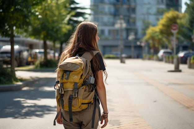 City Stroll Girl marchant sur le trottoir avec un sac à dos généré par Ai