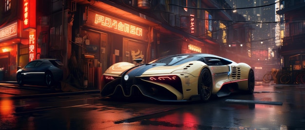 Cityscape Drive dans une supercar de luxe en soirée dans des rues éclairées Cyberpunk en arrière-plan