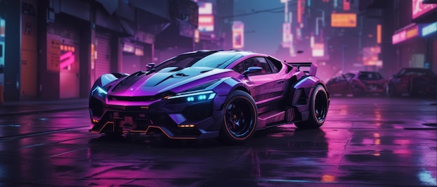 Cityscape Drive dans une supercar de luxe en soirée dans des rues éclairées Cyberpunk en arrière-plan