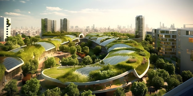 Cityscape écologique Un paysage urbain futuriste avec des toits verts, des panneaux solaires et des turbines éoliennes