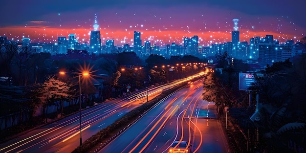 Cityscape présentant des infrastructures de connectivité de pointe pour l'IoT et les TIC Concept Infrastructure de la ville intelligente Innovations technologiques Réseaux de connectivités Développement urbain