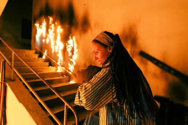 Un civil courageux transportant un bébé et un animal de compagnie chat ou chien dans une boîte ou un sac, descend les escaliers d'un bâtiment en feu. Ouvrez le feu et un pompier en arrière-plan. Photo de haute qualité