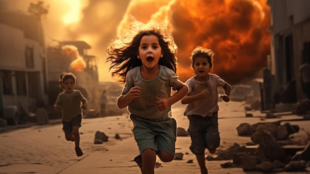 Des civils innocents fuyant une attaque de missile dans la ville Les enfants et leur famille s'échappent d'une opération militaire surprise avec peur et frayeur