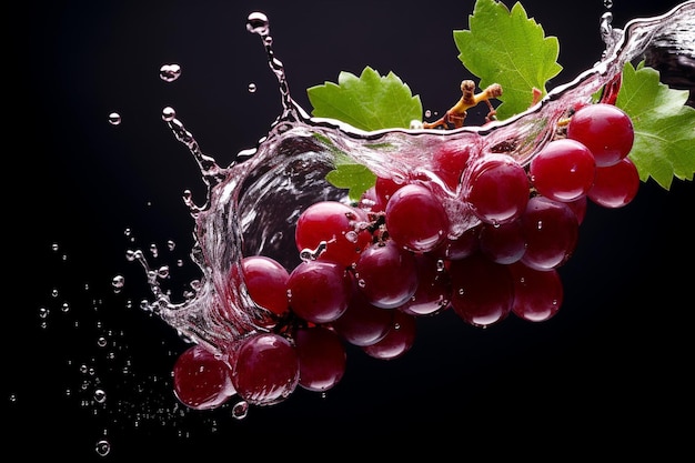 Éclaboussure d'eau sur du raisin rouge frais avec des feuilles isolées sur un fond rouge