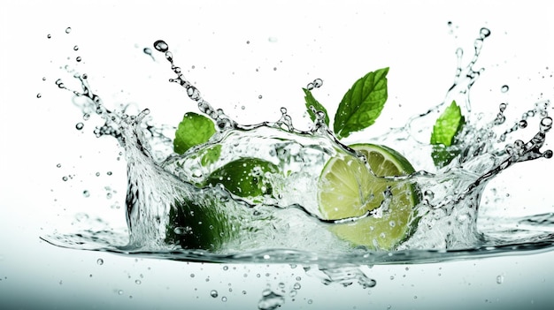 Éclaboussure d'eau sur fond blanc avec des tranches de citron vert feuilles de menthe