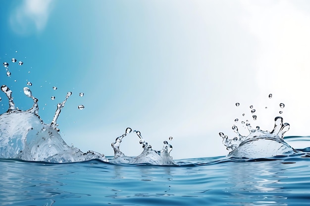 Éclaboussure d'eau avec des gouttes et des vagues sur fond bleu