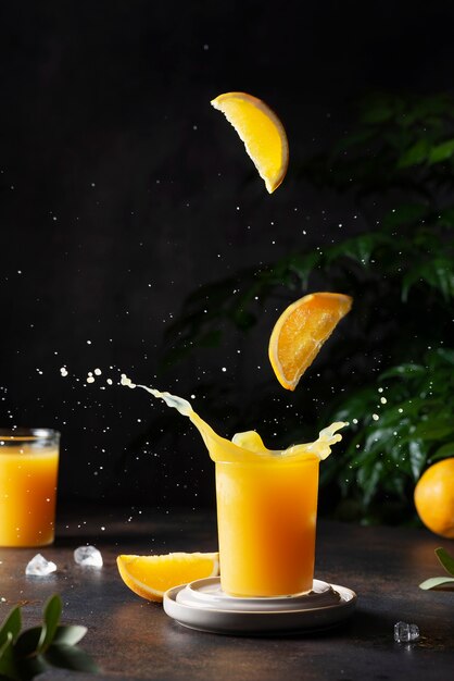 Éclaboussure de jus d'orange sur le fond de l'écorce, image de mise au point sélective