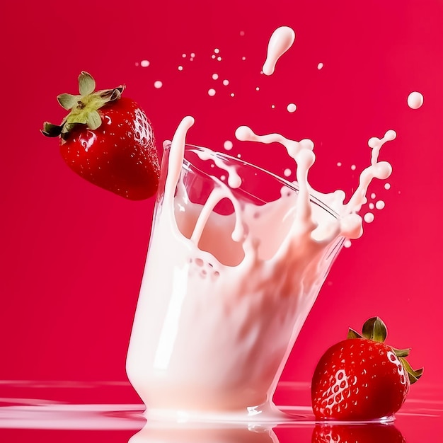 Éclaboussure de lait ou de yaourt aux fraises isolées sur fond rouge Ai généré