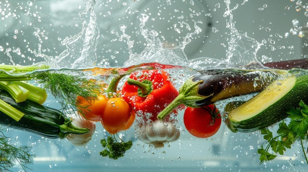 Éclaboussure de légumes sur l'eau Concept d'alimentation saine