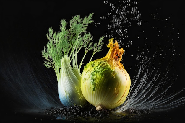 Éclaboussure de légumes fenouil isolé sur fond noir