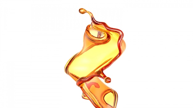 Éclaboussure d'un liquide orange transparent sur fond blanc. Rendu 3D.
