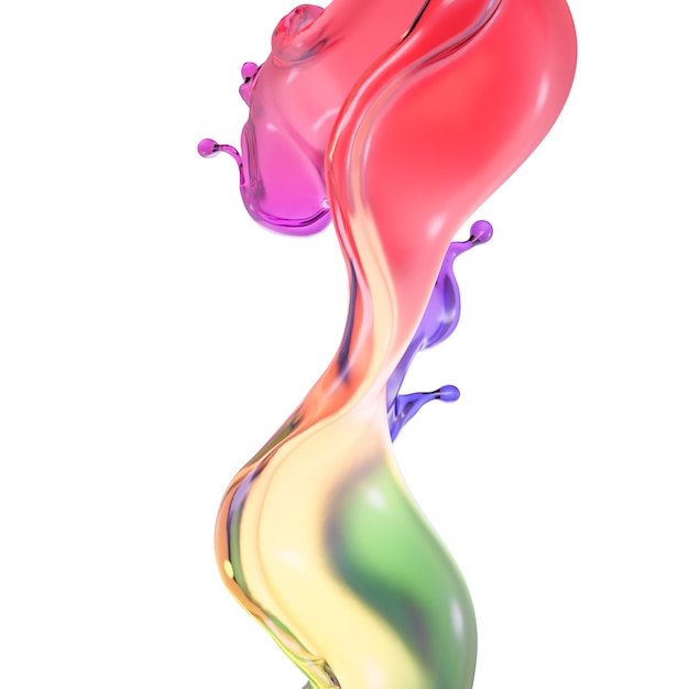 Éclaboussure de liquide transparent arc-en-ciel de couleur sur fond blanc. Illustration 3D, rendu 3D.