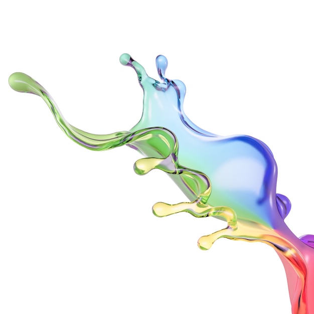 Éclaboussure de liquide transparent arc-en-ciel de couleur sur fond blanc. Illustration 3D, rendu 3D.