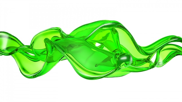 Éclaboussure de liquide transparent de couleur verte sur blanc. Rendu 3D.