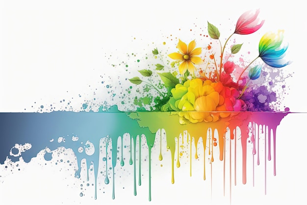 Éclaboussure de peinture arc-en-ciel liquide coloré avec des fleurs sur fond blanc AI