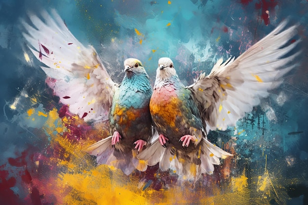 Éclaboussure de peinture deux colombes battent des ailes