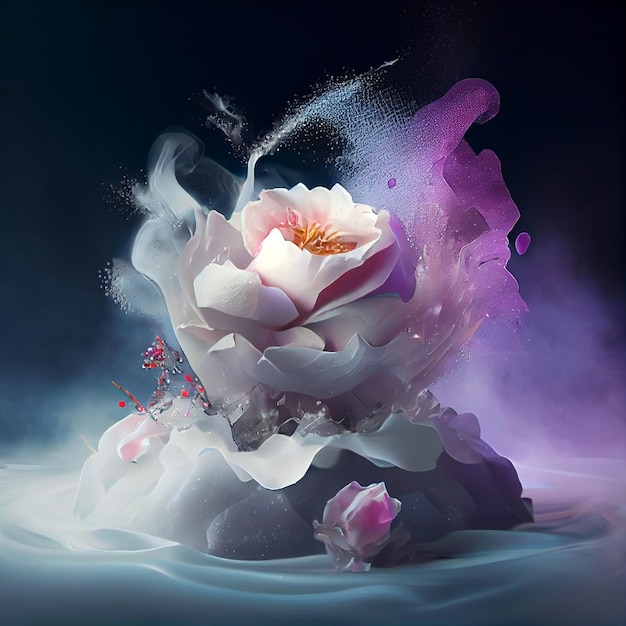 Éclaboussures d'eau Glace de brouillard colorée faite de roses blanches Generative Ai