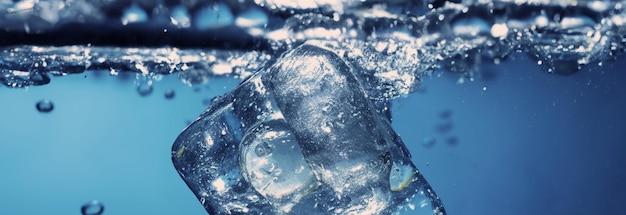 Éclaboussures d'eau et glaçons Glace éclaboussant dans un verre d'eau Sous l'eau versant des glaçons tombant dans un fond d'arrosage clair Refroidissement rafraîchissant buvant des glaces dans un verre avec fond bleu