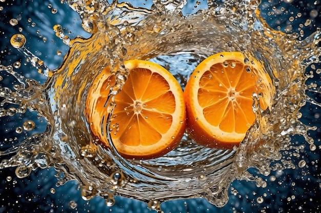 Éclaboussures d'eau sur des tranches d'orange