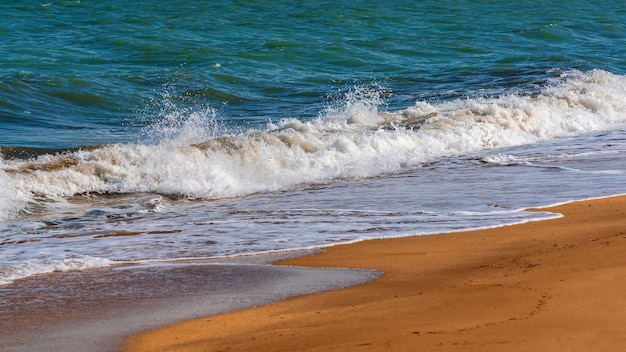 Éclaboussures de grosses vagues sur la plage de sable