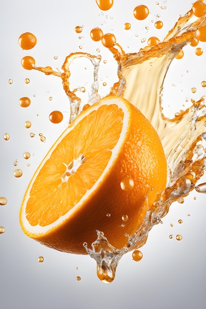 Éclaboussures de jus d'orange sur fond blanc