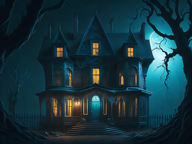 Un clair de lune effrayant illumine une ferme abandonnée, une maison chassée par Halloween Generative Ai