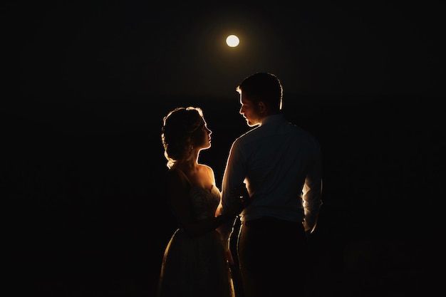 Le clair de lune met en valeur les silhouettes des mariés dans les montagnes