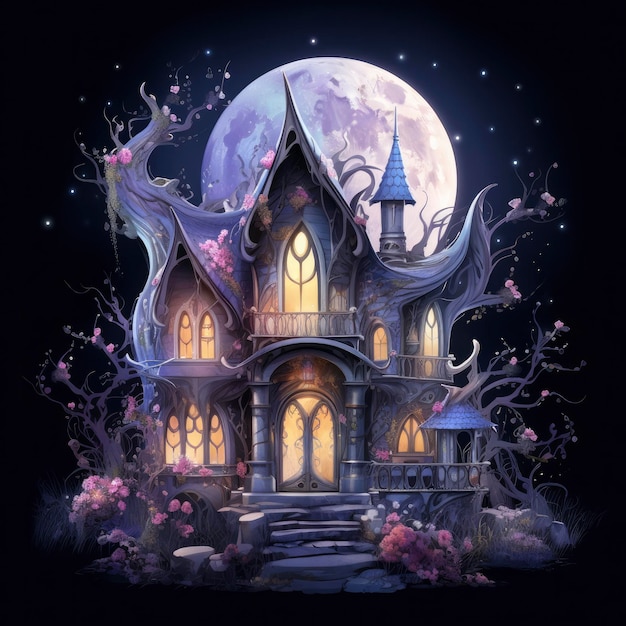 Clair de lune thème sombre elfe de la nuit conte de fées maison de fée fantastique