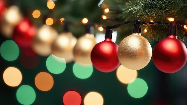 Éclairage et décoration concept de vacances Guirlande de Noël lumières bokeh fond vert rouge