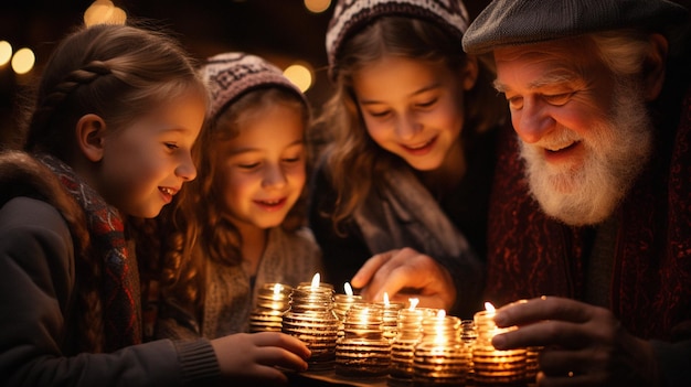 Éclairage familial Hanukkah Menorah capturant une atmosphère joyeuse avec une photographie chaleureuse et confortable