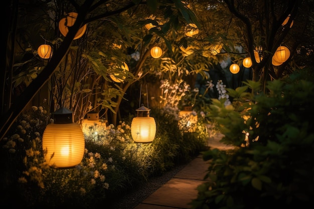 Éclairage jaune chaud sur fond de jardin aux lanternes