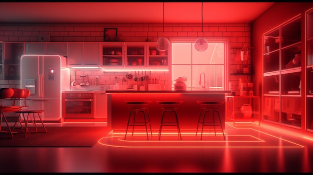 Éclairage rouge cuisine de ferme moderne et salon photo AI Art généré