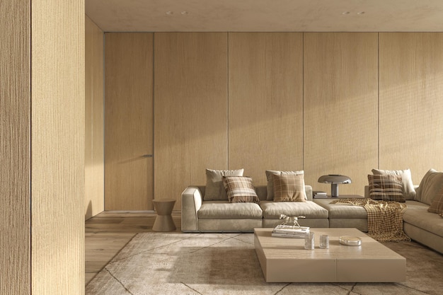 Éclairage de salon de design d'intérieur moderne de luxe et illustration de rendu 3d d'appartement ensoleillé