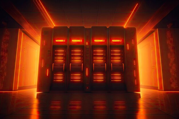 Éclairé par un centre de données de bibliothèque futuriste de lumière vive aux couleurs orange ai générative