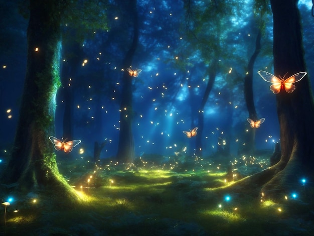 Une clairière de forêt magique avec des lucioles lumineuses, des créatures fantaisistes et une atmosphère enchanteresse