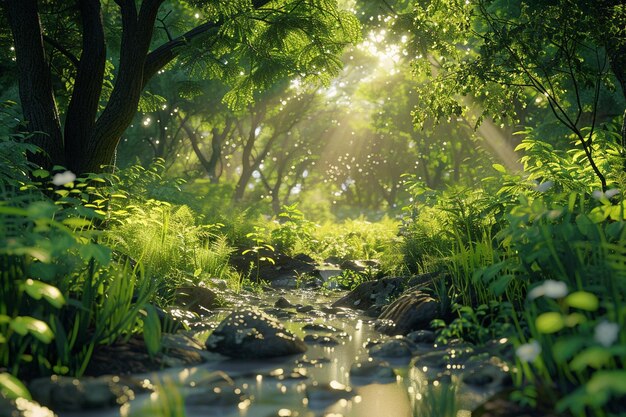 Une clairière de forêt sereine avec la lumière du soleil tachetée et un