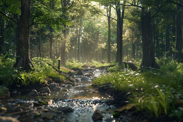 Une clairière de forêt sereine avec un ruisseau qui coule.