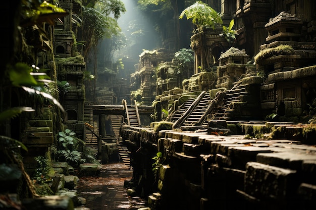 Photo une clairière luxuriante de la jungle amazonienne avec des ruines de temples mayas de pierre paysage de forêt fantastique