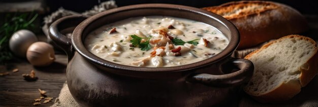 Clam Chowder On Stone Rustic Pub Wide Panoramic Générative AI