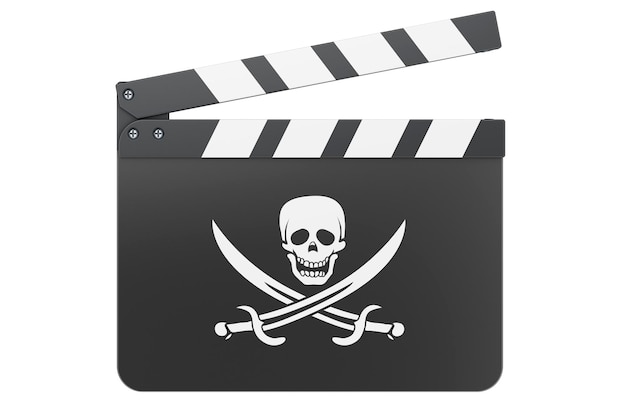 Clap de film avec rendu 3D du drapeau de piratage isolé sur fond blanc