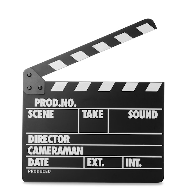 Photo clapper board isolated on white production cinématographique