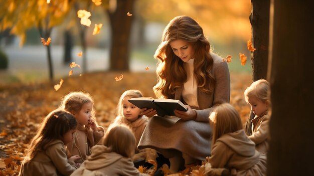 Photo classe d'automne jeune enseignant lisant aux enfants ai générative