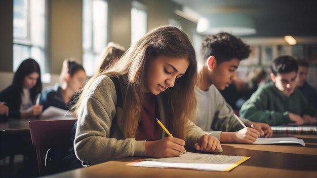 Une classe de lycéens en train d'étudier. Ai générative.