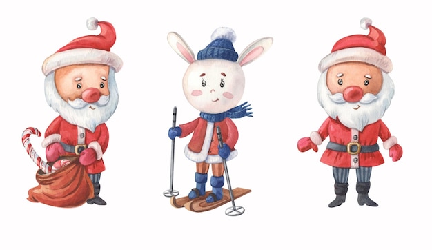 Clauses de père Noël aquarelle et lapin blanc Noël et nouvel an