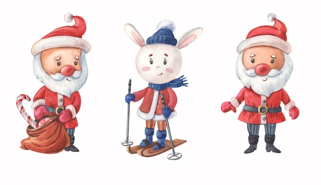 Photo clauses de père noël aquarelle et lapin blanc noël et nouvel an