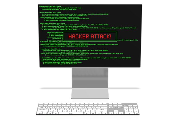 Clavier et écran d'ordinateur avec code d'application vert sur le concept d'attaque de pirate à l'écran w
