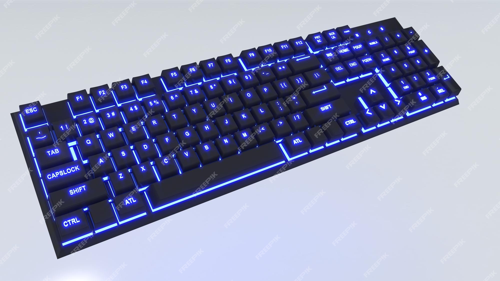 Clavier Mécanique Noir Sur Fond Blanc, Néon Bleu, Rendu 3d