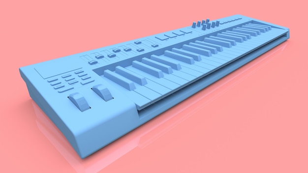 Clavier MIDI bleu synthétiseur sur fond rose. Gros plan touches de synthé