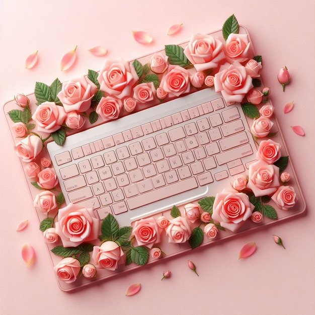 Photo un clavier d'ordinateur avec des fleurs roses sur le clavier avec des feuilles vertes sur un fond rose